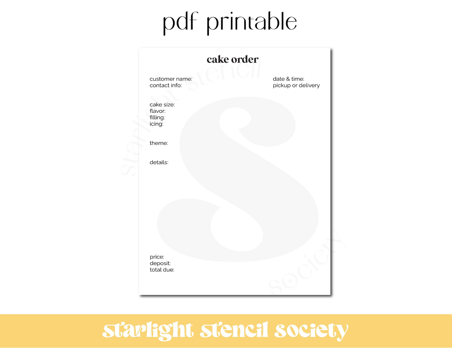 Cake Order PDF Printable