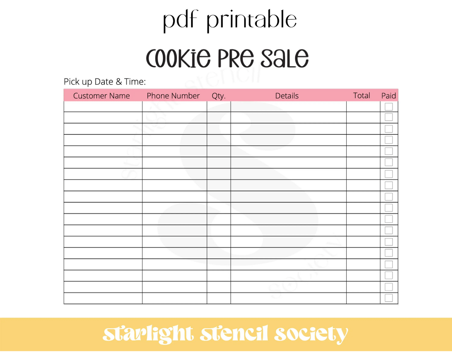 Pre Sale Form PDF Printable